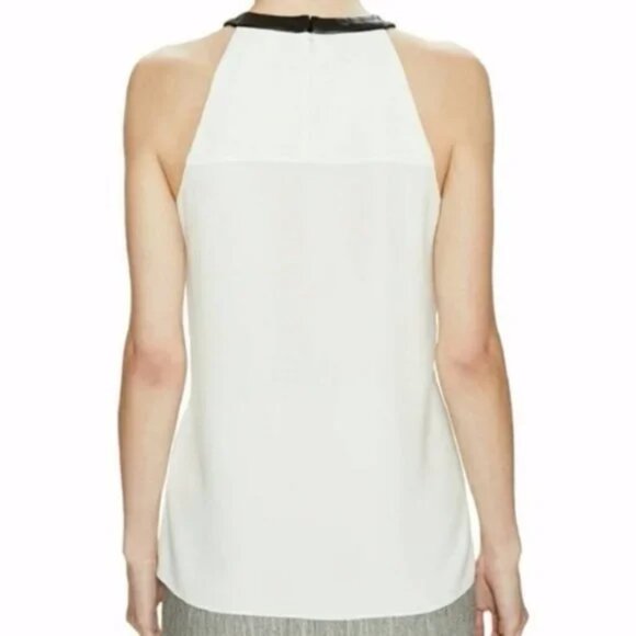 New Tibi Arden high neck halter leather trim crepe draped sleeveless blouse top - Picture 3 of 6